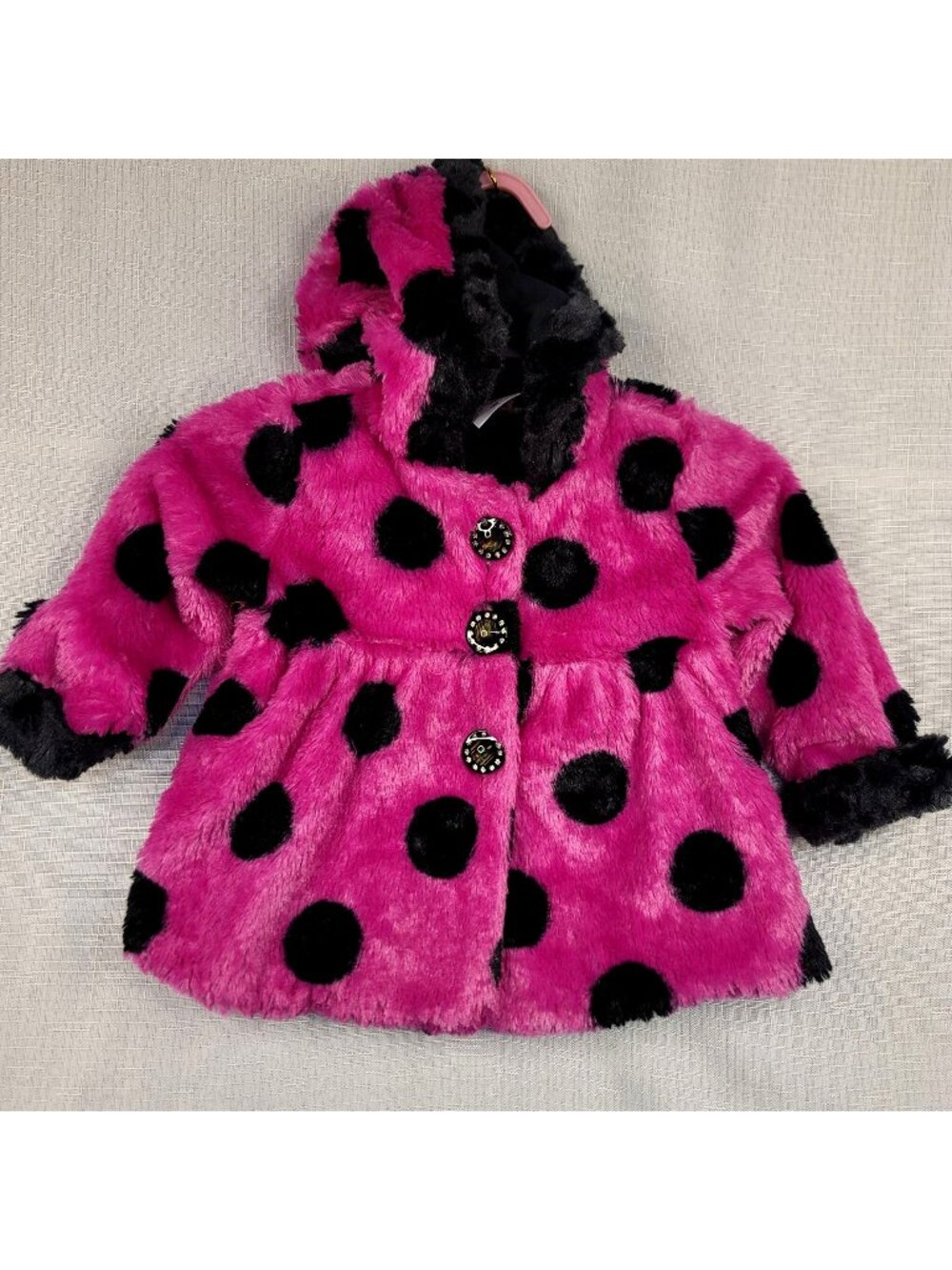 Piper Baby Faux Fur Polka Dot Hooded Coat 18M Pink Black Soft Warm